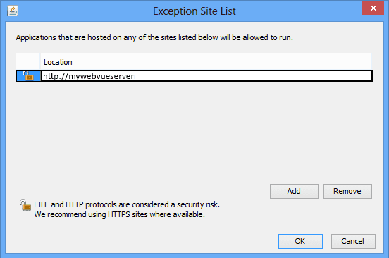 JRE 7u51 SecuritySettingAddExceptionSiteDialog