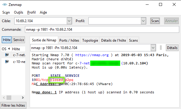 Zenmap with closed state for port 1981