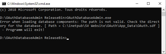 OAuthDatabaseAdmin Database Path Error