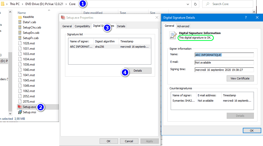 PcVue 12 Setup Digital Signature verification