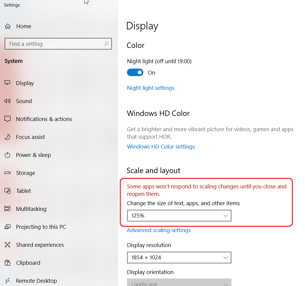 125 percent scale setting on Windows