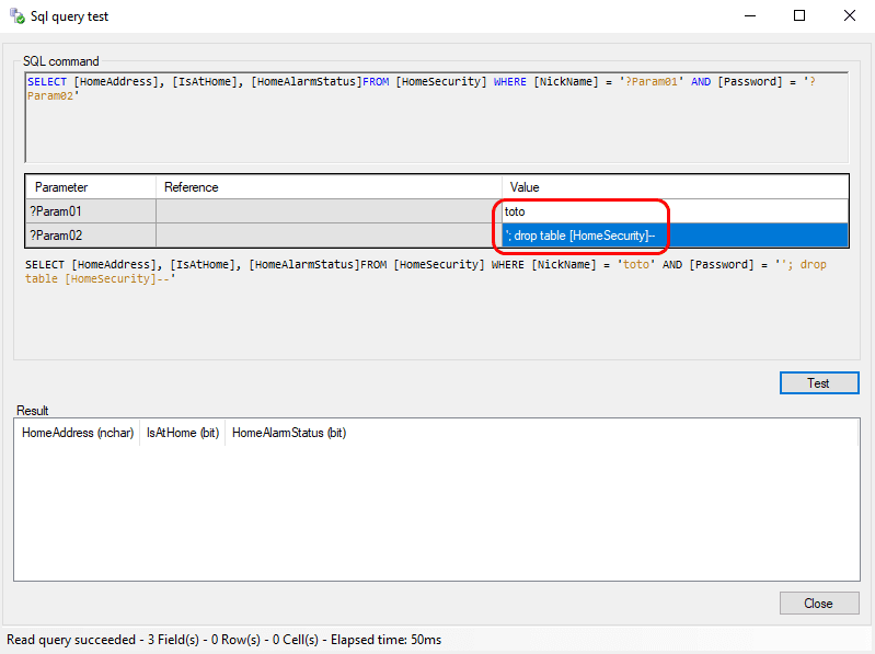 Query2 malicious usage drop table