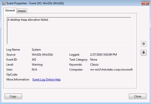 Event 243 A desktop heap allocation failed