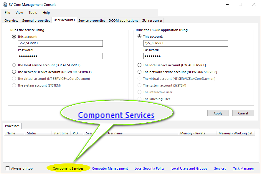 SV Core Management Console shortcut to Component Services